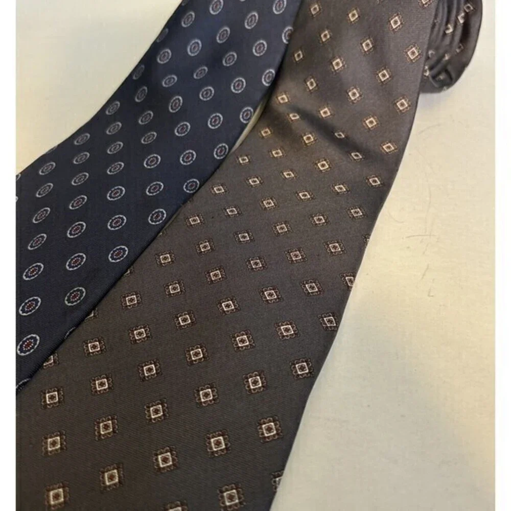 Christian Dior Vintage 2 Ties Navy Blue‎ Dots And Grey Diamonds Logo Necktie